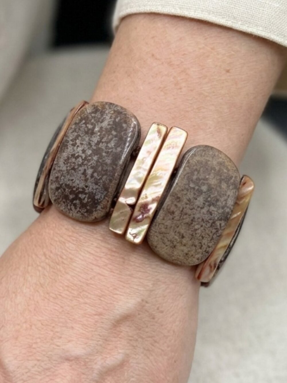 Vintage Stretchy Bracelet Panels Abalone Shells and Fossil or Bone (?)